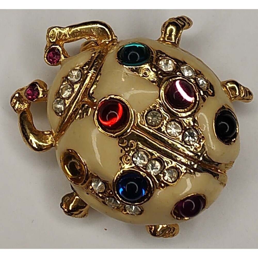 Gold Tone Beetle Bug Brooch With Rhinestones And Multicolor Cabachons Cute Bling